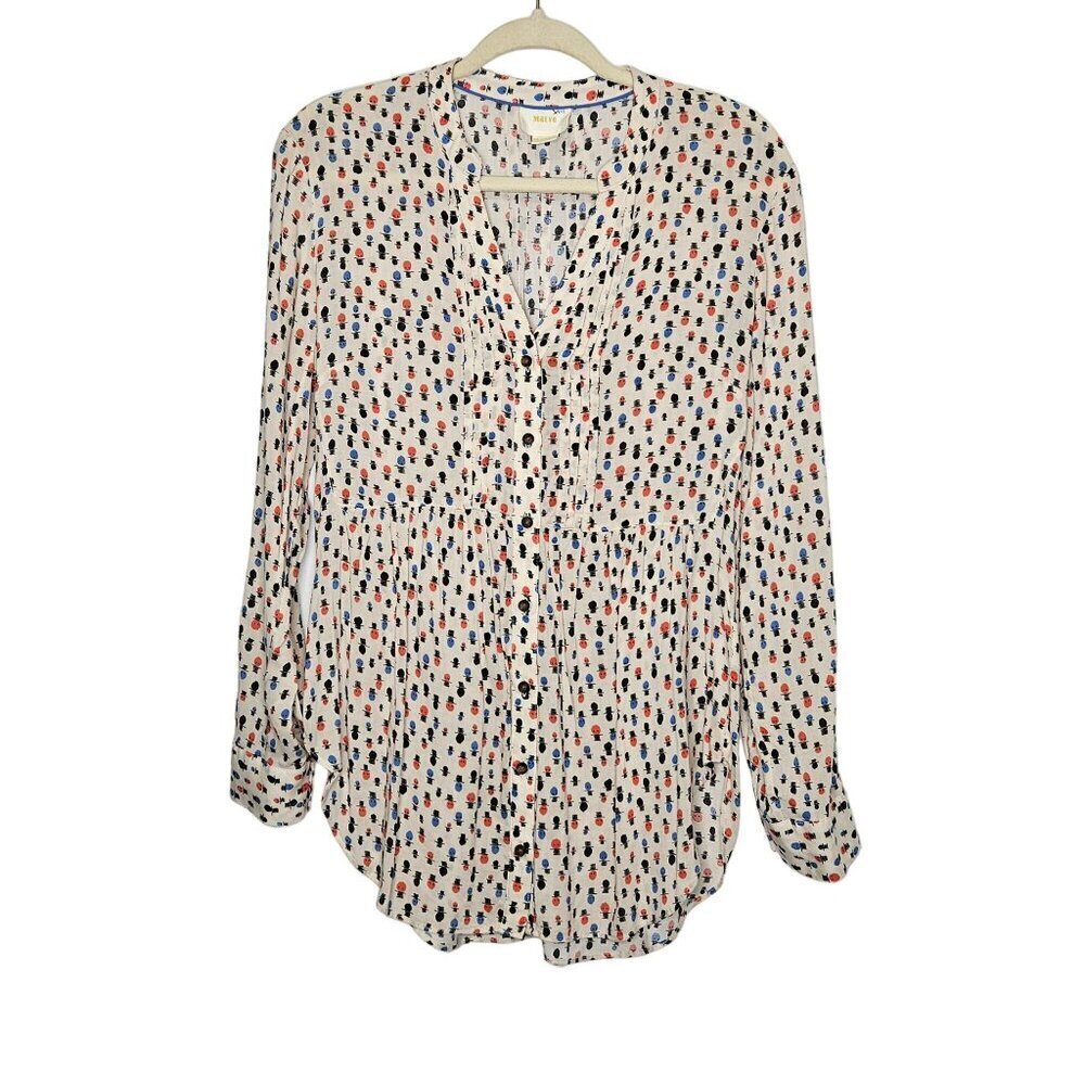 Maeve Womens Button-Down Blouse Polka Dot Heads Top Hat Print Roll Long Sleeve M